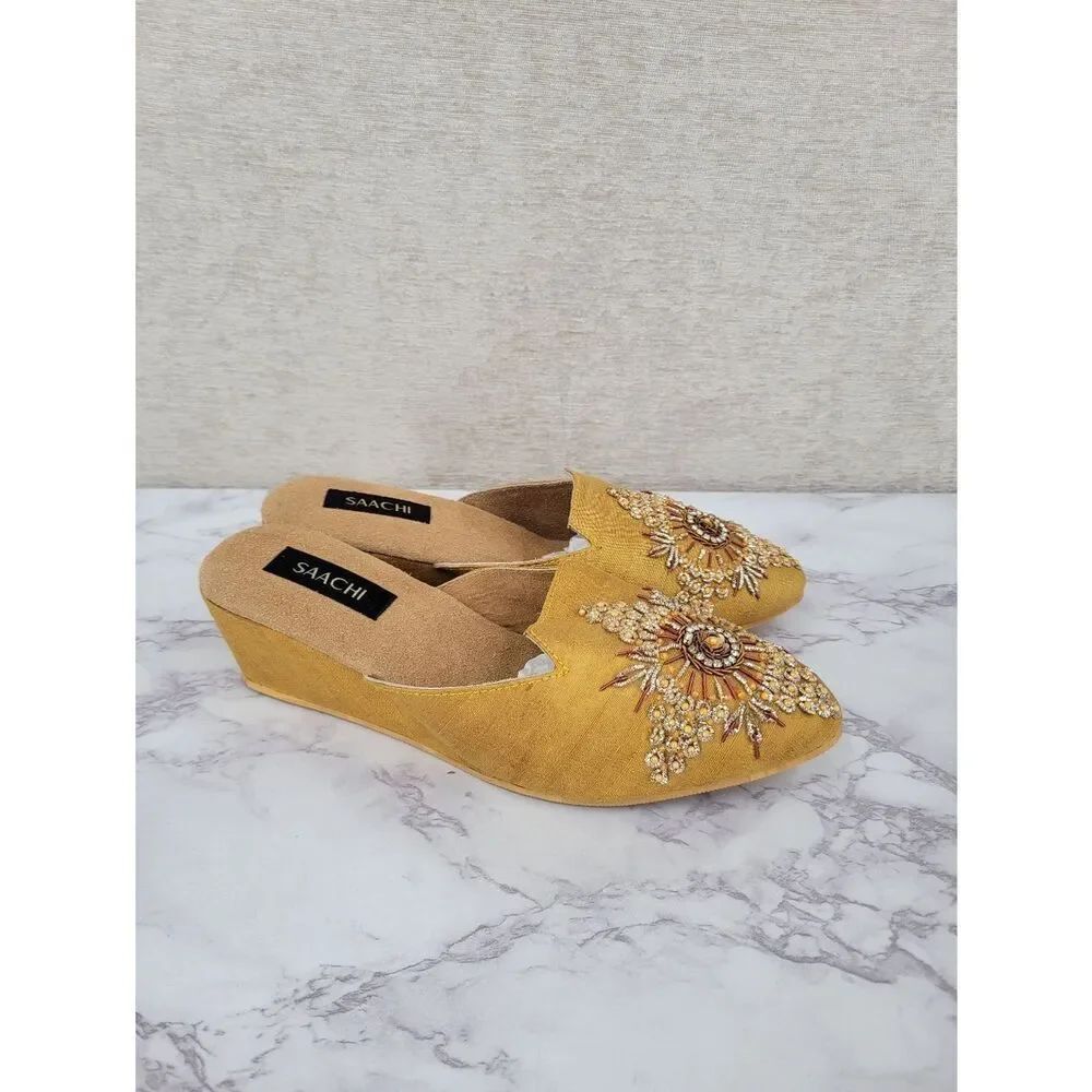 Saachi Silk Gold Mustard Embroidered Motif Embellished Women's Wedge Mules